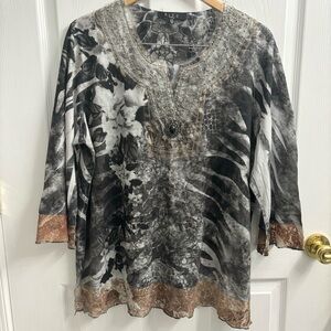 Y2K Grunge Top Burnout Black Lace Trim Embellished Neckline 3/4 Sleeve B.L.E.U.